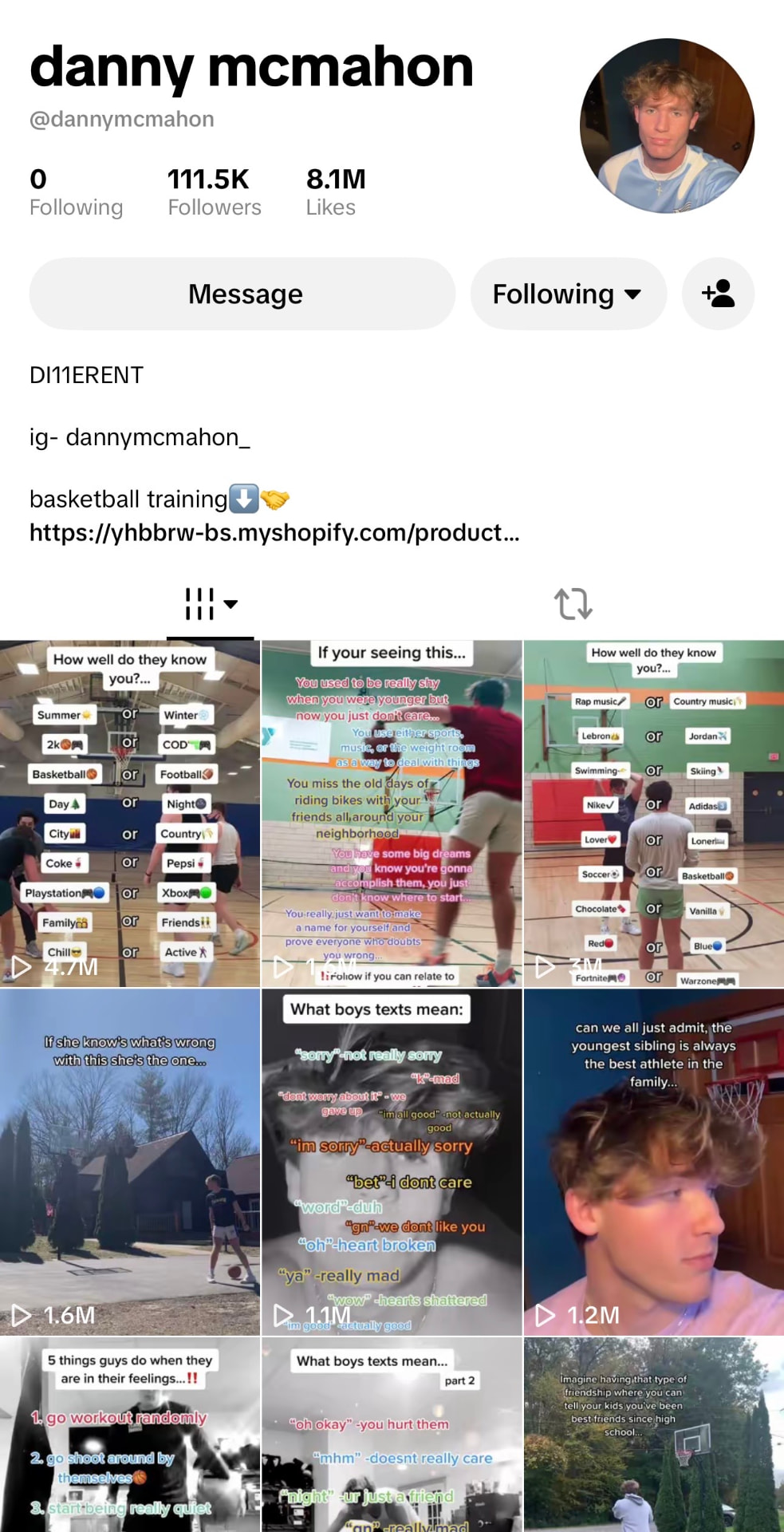 Danny McMahon's TikTok profile showing 111.5K followers and 8.1M likes
