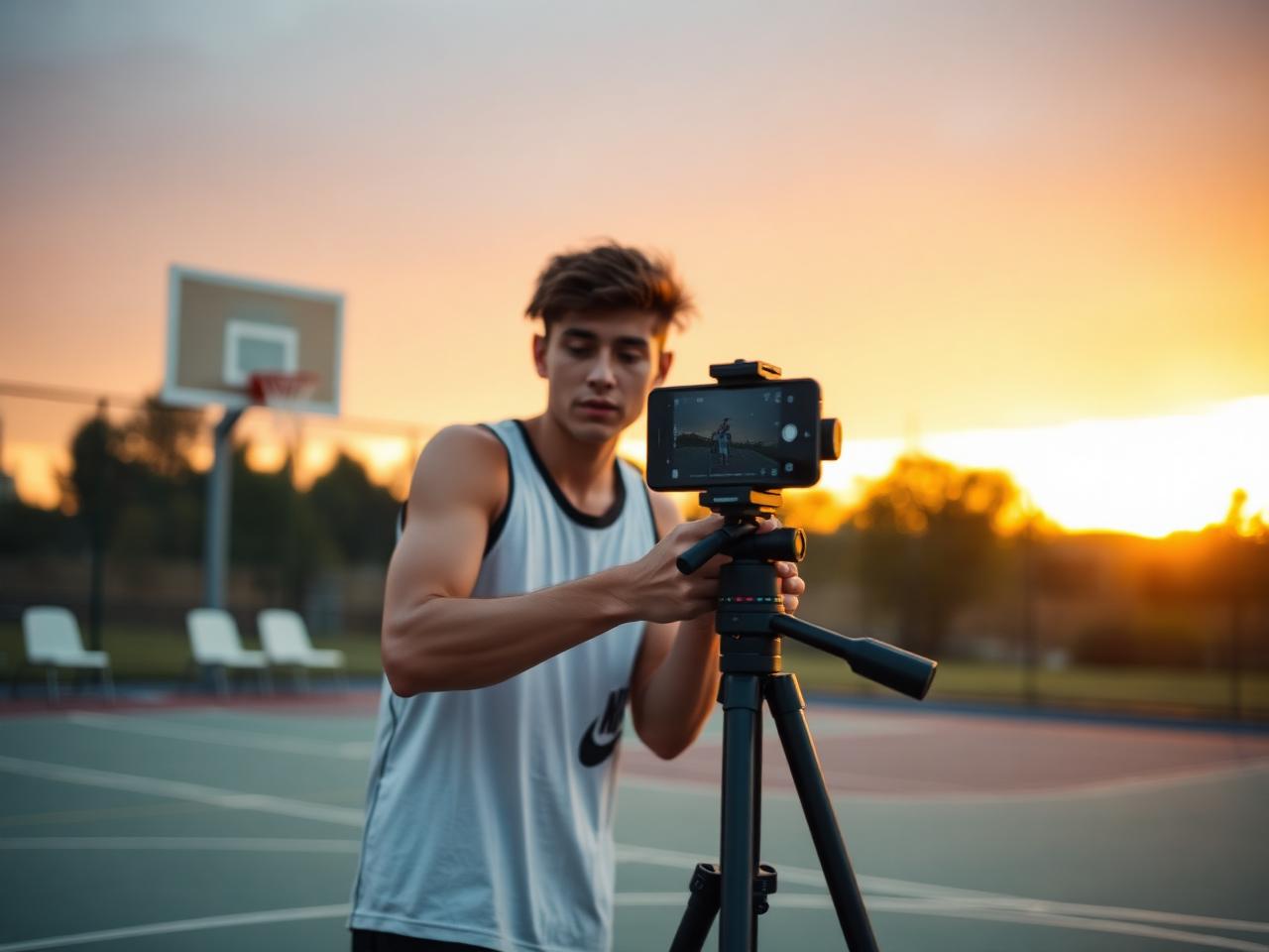 Danny filming a vertical video with a phone on a tripod at an outdoor basketball court